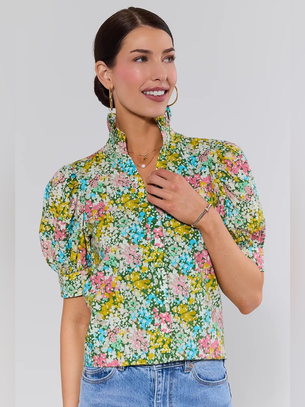 Avara | Gracie Green Colorful Floral 100% Cotton Puff Sleeve Top - Large